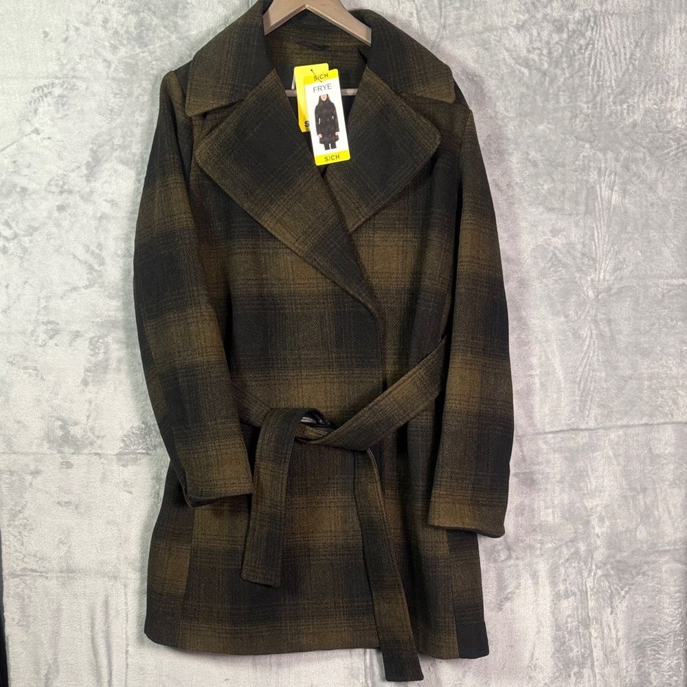 NWT New Frye Green Black Plaid Long Belted Pea Coat Size Small